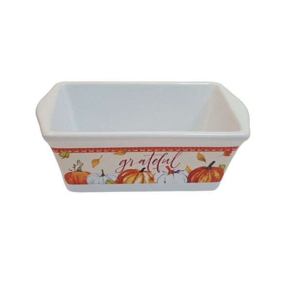 Royal Norfork Grateful Harvest Pumpkin Patterned Ceramic Mini Loaf Pan - Picture 2 of 6